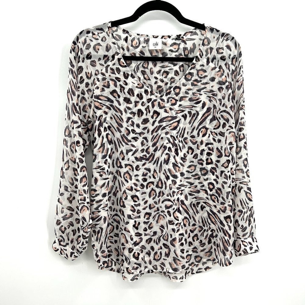 CABI Sheer White Brown Leopard Print V-Neck Long Sleeve Blouse Top Size XS